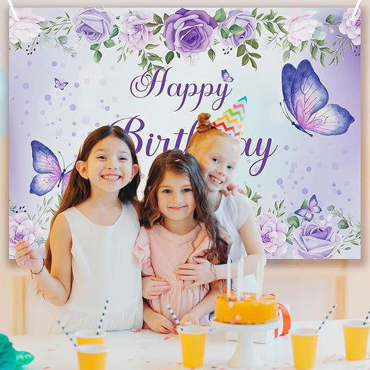 6x4Ft Butterfly Happy Birthday Backdrop Purple Butterfly Birthday Backdrops Decorations Girls Party Butterfly Photography Backdground Decoration Cake Table Banner