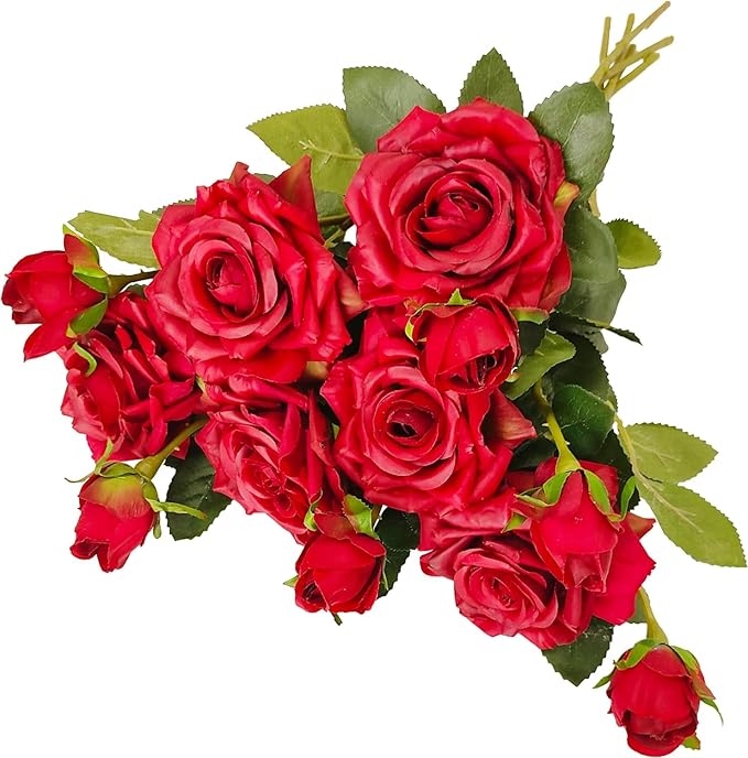 ATFL Fake Red Roses Flowers, 6 Pcs Faux Silk Real Touch Moisturizing Artificial Rose Flowers for Decoration DIY Wedding Party Home Office Decoration and Dining Table Centerpiece (6, red)
