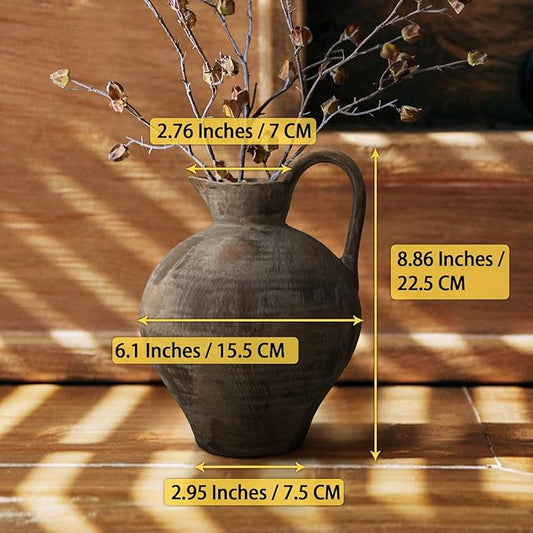 Ceramic Rustic Farmhouse Vase with Handle, 8.7 Inch Brown Vintage Vase, Rustic Ceramic Pottery for Home Decor, Farmhouse Decor Centerpiece for Kitchen, Living Room, Entryway