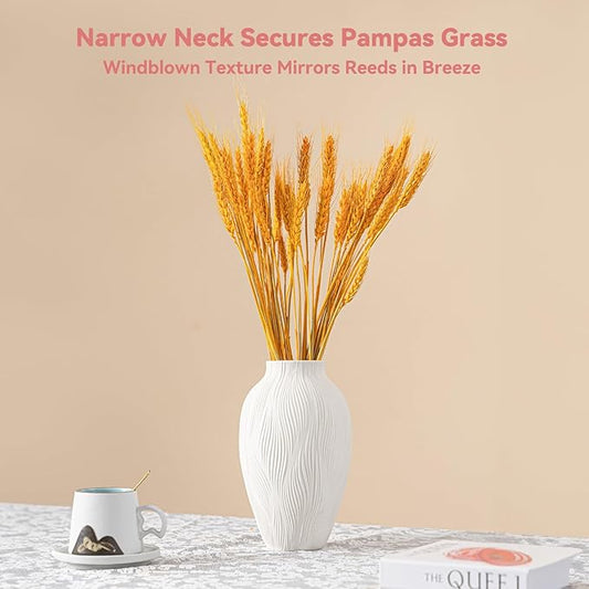 Windblown Texture Vase - White Matte Ceramic with Dynamic Lines, 9.2" Unique Flower Vase for Pampas Grass/Centerpieces, Decorative Farmhouse/Boho Vase for Living Room/Office, Ideal Gift for Minimalist
