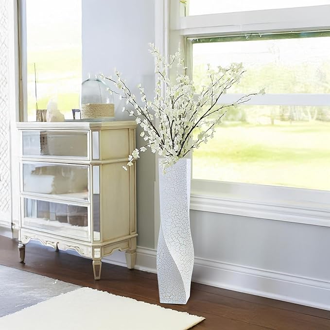 Tall Vases On Floor, 27.56" Twisted Geometric Flower Vase for Home, Living Room, Flower Centerpieces, Shelf, Table, Decor, White Crackle Vase