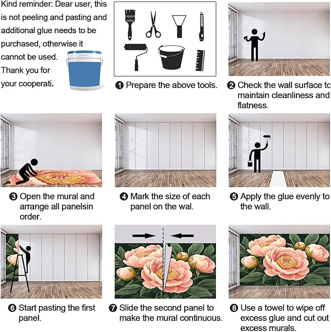 Peony Flower Wall Mural, Retro Pink Peony Flower 3D Wall Murals, Romantic Garden Theme Wallpaper Mural, for Living Room Bedroom Large Wallpaper Indoor Decor 169.3" W x118.2 H