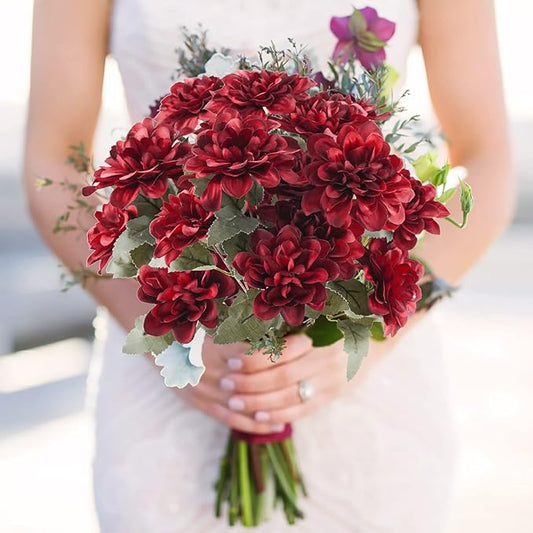 Uieke 6PCS Artificial Daisy Mums Flowers with Stem, Silk Gerbera Daisies Flowers Arrangement for Home Party Wedding Bridesmaid Bouquets Christmas Table Centerpieces Decor (Burgundy Red)