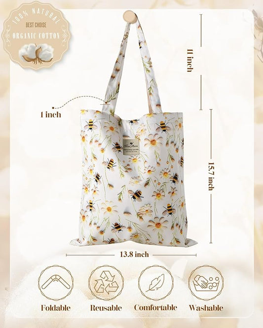 Aesthetic Cotton Tote Bag for Women - Reusable Shoulder Bag with Buckle Fabric Bag for Gym, Travel, Work