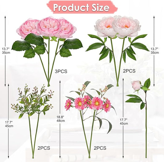 Hot Pink Flowers Artificial Peonies Silk Flowers with Stems 10PCS Realistic Fake Peony Daisies Long Faux Flowers for Vase Floral Centerpiece Arrangements Wedding DIY Bridal Bouquet Party Home Decor