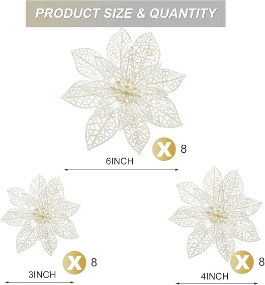 Boao White 24 Pieces Poinsettia Flower Christmas Glitter Artificial Poinsettia with Clips Christmas Tree Ornament Decorations for DIY Xmas Wreath Holiday Home Party Decor, 3/4/6 Inches