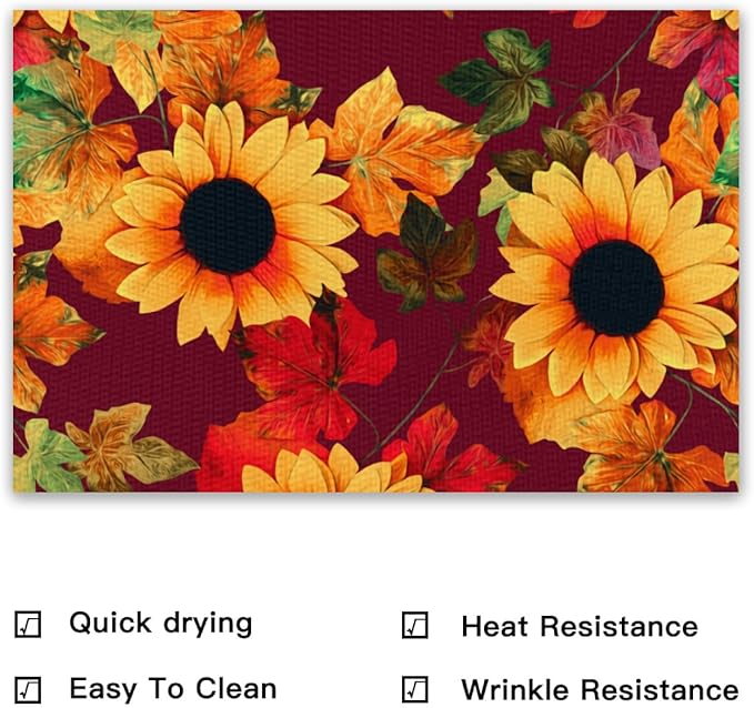 Placemats Set of 4 Waterproof Oilproof Table Mats Vintage Sunflower Pattern Washable Wipeable Heat Resistant Easy to Clean for Indoor Outdoor Party Kitchen Dining Table Decoration 12 * 18in