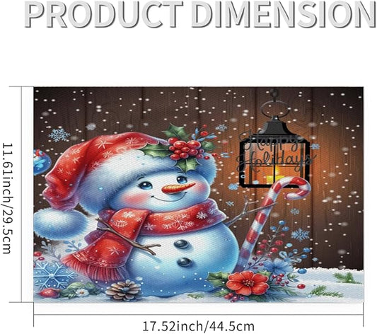 Christmas Art Snowman Snowflake Placemats Set of 6 PVC Vinyl Non Slip Table Mats Heat Resistant Place Mats Washable Wipeable Dining Table Mat for Kitchen Decor Party Indoor Outdoor Decorative Gift