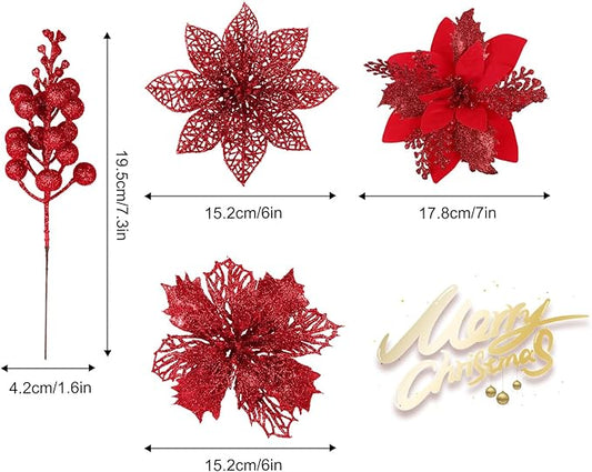 RECUTMS 66 Pcs 3 Styles Red Christmas Ornaments Christmas Glitter Poinsettia Flowers Artificial Christmas Tree Flower Decorations Wedding Wreath Floral Decorations (Red)