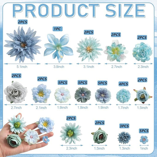 Artificial Flowers Heads Combo Blue Flowers Mix Silk Flowers Heads Bulk Faux Rose for Craft Garland Graduation Cap Wedding Bridal Baby Shower Home Party Decoration DIY Cake Decor