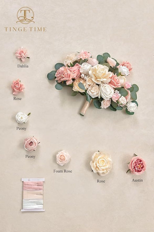 TINGE TIME 11 Inch Wedding Bouquets for Bride,Champange&Pink Artificial Flowers Bouquet, Brides & Bridesmaids Bouquet Tossing Bouquet for Wedding Anniversary Ceremony Bridal Shower Decorations