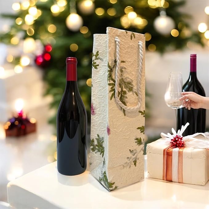 Paperry 14" Wine Gift Bag, Handmade Mulberry Paper, Multiple Design, Kozo Paper Bag, Reusable, Eco-Friendly, Single Pack (Natural)