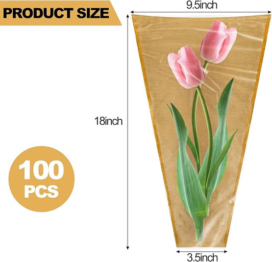 yarlung 100 Pack Flower Wrapping Bags, Kraft Bouquet Wrapping Paper Clear Flower Packing Bags Sleeves Gift for Thanksgiving, Christmas, Birthday Wedding Graduation