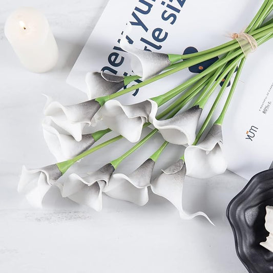 DuHouse 20Pcs Artificial Calla Lily Flower Real Touch Latex Flowers for DIY Wedding Bouquet Party Home Decor (Black White)
