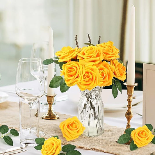 MACTING Artificial Yellow Rose Flowers 60PCS Real Touch Foam Roses with Stem Fake Flowers for DIY Wedding Bouquets Table Centerpieces Party Holiday Home Spring Valentines Day Decorations
