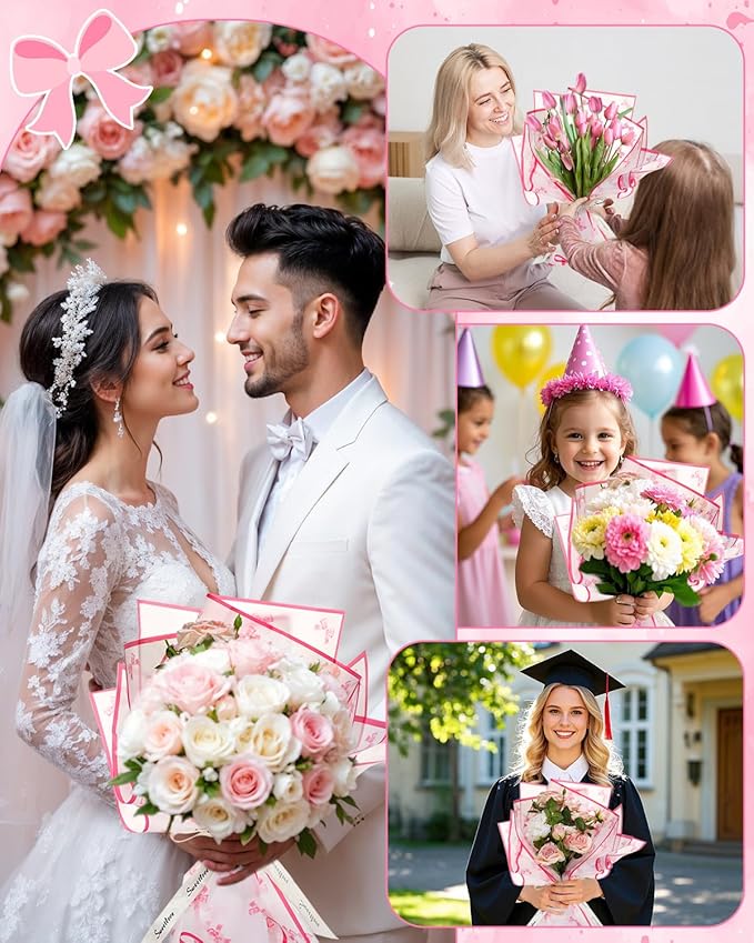 Liobelon 20 Sheets Flower Wrapping Paper Waterproof Bouquet Paper Bow Pattern Rose Pink Gift Wrapping Paper for Flower Shop, Wedding, Birthday Party, Handmade DIY, Anniversary 22.8 x 22.8Inch