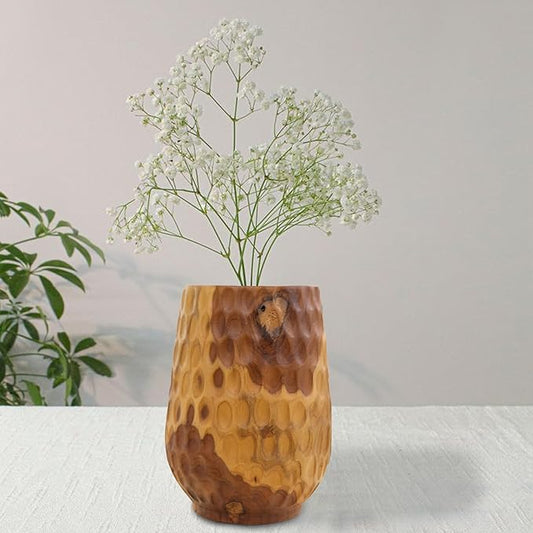 Teak Wooden Handcrafted Vase 6.7" x 6.7" x 9.5"H Natural Wood Pot Handmade Rustic Flower Holder for Entry Table Brown Stain Vintage Artworks Planter for Living Room Home Christmas Décor