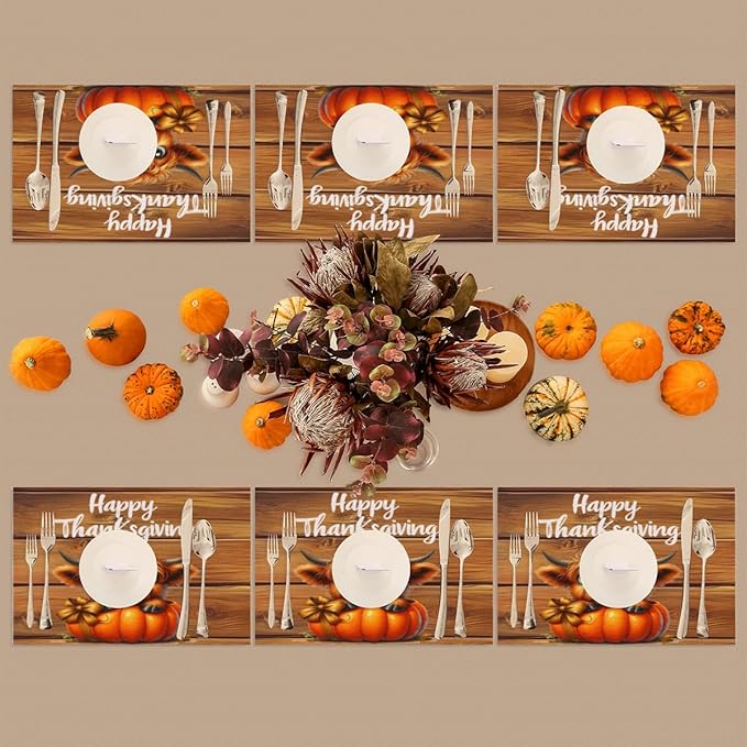 Thanksgiving Pumpkin Highland Cow Placemats Set of 1 PVC Vinyl Non Slip Table Mats Heat Resistant Place Mats Washable Wipeable Dining Table Mat for Kitchen Decor Party Indoor Outdoor Decorative Gift