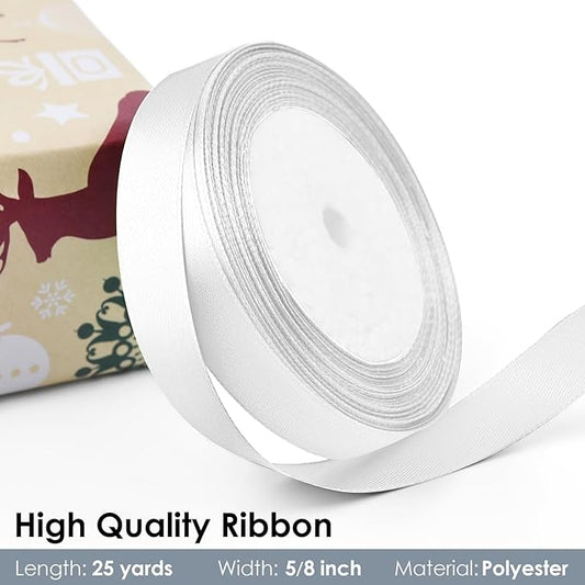 25 Yards 5/8 inch Satin Ribbon, Solid Color Fabric Ribbon Perfect for Gift Wrapping, Wedding, Handmade Bows, Floral Bouquets and Party Decoration(White)