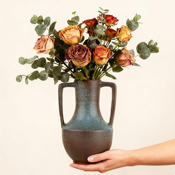 Ceramic Flower Vase with Handles,7.8" Tall Vase for Centerpieces,Large Decorative Terracotta Vases, Farmhouse Rustic Pottery Vase for Home Decor Living Room,Table,Shelf or Mantel