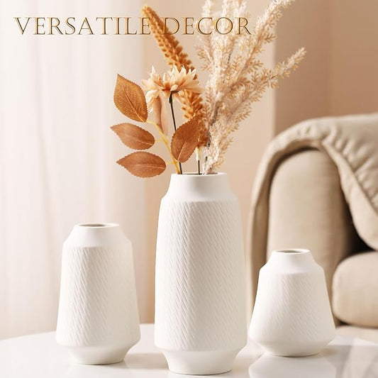 Ceramic Vase Set of 3 - Handcrafted Ceramic Vases for Home Decor & Shelf - Modern Farmhouse Decor for Kitchen, Office, Bedroom & Living Room Decorative Objects for Mantel, Table Centerpieces