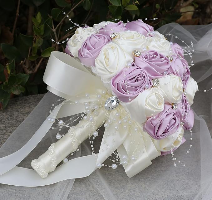 Bridal Wedding Bouquet Round Bling Brooch Bouquet Throw Toss Artificial Rose Flower Bunch for Bride Bridesmaid Wedding Quinceanera(Light Taro Purple & Ivory, 8.7")