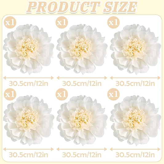 6PCS White Paper Flowers Decorations for Wall Giant Tissue Paper Flowers 12‘’ White Giant Crepe Artificial Flowers Large Flowers for Wedding Birthday Baby Shower Party Home Decor Supplies