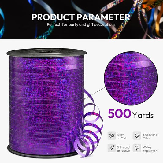 500 Yards Shiny Metallic Purple Curling Ribbon with Spool, 1/5" Holographic Curly Ribbons - Ideal for Gift Wrapping, Birthday, Halloween, Christmas Party Decorations, Balloon String