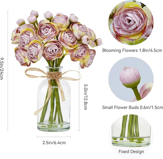 Ranunculus Artificial Flowers with Vase, 2 Pack - 8 Pcs Faux Silk Ranunculus Flower in Vase, Small Flowers Arrangements for Home Decor Indoor, Table Centerpiece. (Lilac)