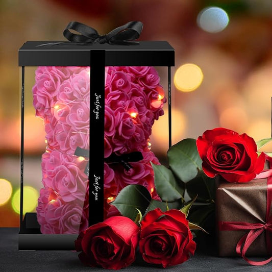 Otlonpe Cute Bear Rose Flower with Light | Women Gifts & Indoor Table Decorations for Christmas, Valentines, Mothers Day, Birthday, Anniversary | Handmade Gifts for Women Mom Wife Girlfriend (Pink)