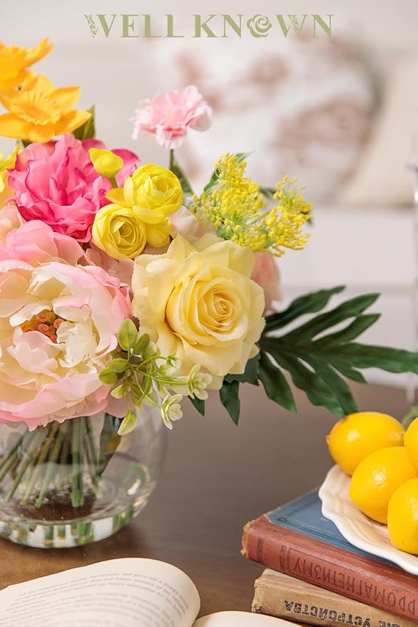 Artificial Flowers Centerpieces in Glass Vase with Fake Water, Silk Rose Peony & Fake PU Tulips Bouquet with Vase for Birthday Party Wedding Dinning Table Office Hotel Decor (Yellow & Hot Pink Plus)
