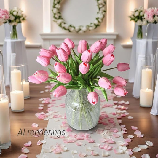 10-Heads Tulips Artificial Flowers Arrangement Centerpiece Decoration Flowers for Wedding Flowers Bouquets Office Desk (Pink)