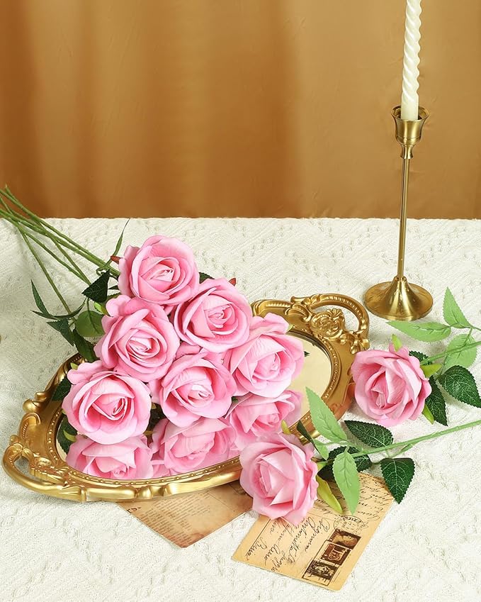 LFF 50Pcs Fake Pink Roses Artificial Flowers with Long Stems, Realistic Silk Faux Roses in Bulk, Wedding Bouquet, DIY Floral Arrangement for Home/Wedding/Proposal Ceremony Decoration(Pink)
