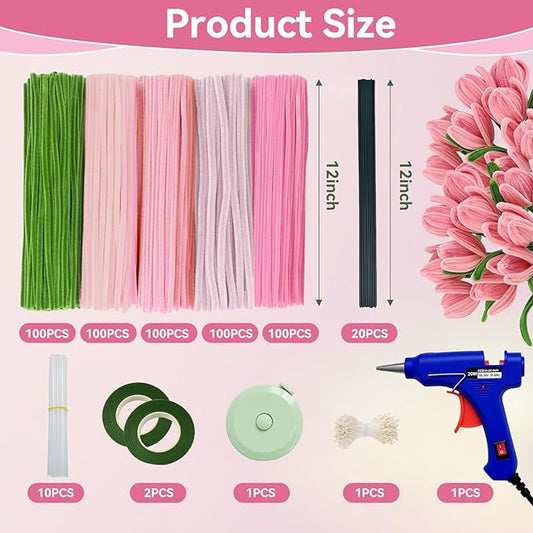 500 Pcs Thick Pipe Cleaners for DIY Flowers & Crafts – 5 Colors Chenille Stems with Glue Guns & Tape Measure – Perfect for Family Fun & Creativity, Holiday & Room Decorations (Pink, 12in x 8mm)
