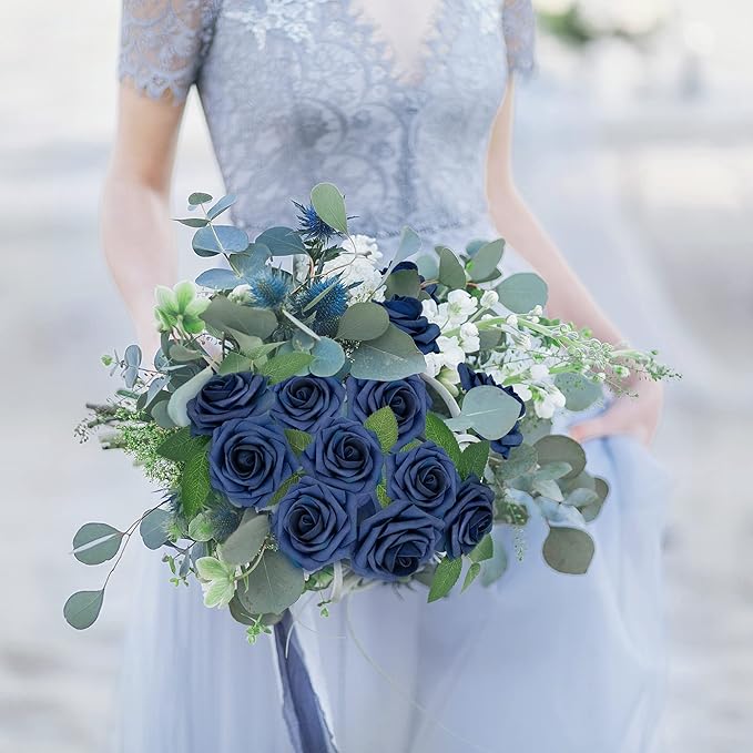 Mocoosy 50Pcs Roses Artificial Flowers, Navy Blue Fake Roses for Decorations, Real Touch Foam Rose Bulk with Stems DIY Wedding Bouquets Bridal Shower Centerpieces Floral Arrangements Party Home Decor