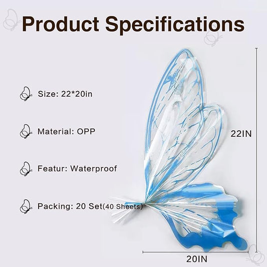 LLBWKC 20 Sets Butterfly Flower Wrapping Paper, Waterproof Butterfly Flower Bouquet Wrapping Paper, OPP Clear Floral Wraps for Florist Supplies, Gift Packaging, DIY Craft 20x22 in (Blue)