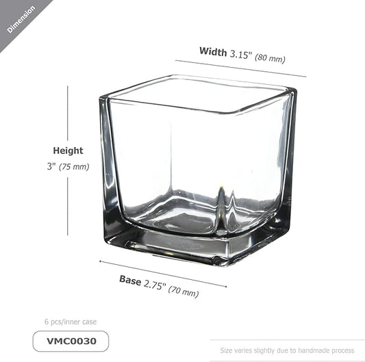 WGV 3 Inch Clear Square Cube Glass Votive Candle Holder Vase, Small Tiny Mercury Tea Light Terrarium Décor 3x3”, 1 Pc