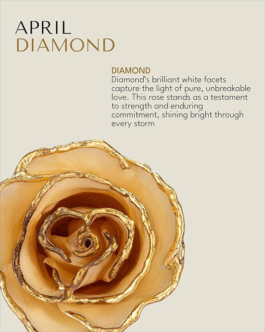 Forever Rose Hand-Dipped in 24K Gold, Diamond-Inspired April Birthstone with Sparkles, Real Rose in Leather Case with LED Light – Perfect Ready to Gift for April Birthday or Any Occasion