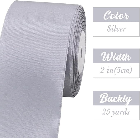 TONIFUL 2 in x 25 Yds Wide Silver Satin Ribbon Solid Fabric Ribbons Roll for Crafts Chair Sash Valentine's Day Gift Wrapping Invitation Cards Floral Hair Bows Sewing Party Wedding Car Decoration