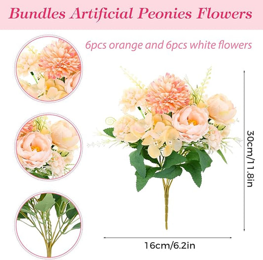 12 Bundles Peonies Artificial Flowers Silk Flowers Fake Peony Bouquet Faux Peonies Flowers Bulk for Wedding Decor Centerpiece Table Decorations (Orange White)