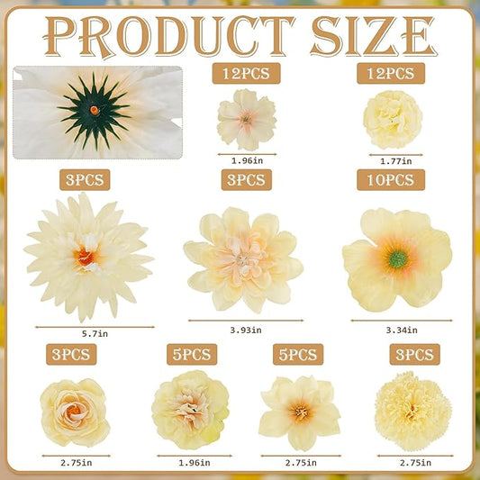 56 Pcs Champagne Artificial Flower Bulk, Fake Flower Heads for Crafts - Faux Mini Fabric Rose Daisy Hydrangea Carnation Mix for DIY Wedding Bouquets Garland Hair Cap Cake Party Home Decoration