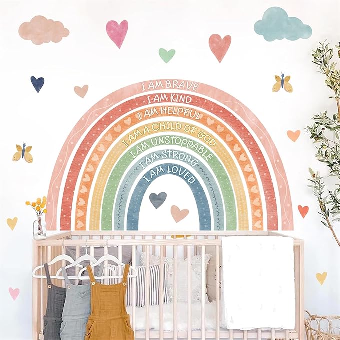 Rainbow Wall Decal Kids Inspirational Wall Stickers Watercolor Rainbow Wall Decals for Nursery Pastel I Am Decor Motivational Vinyl Walls Sticker for Kids Bedroom Playroom,20.6"x34"