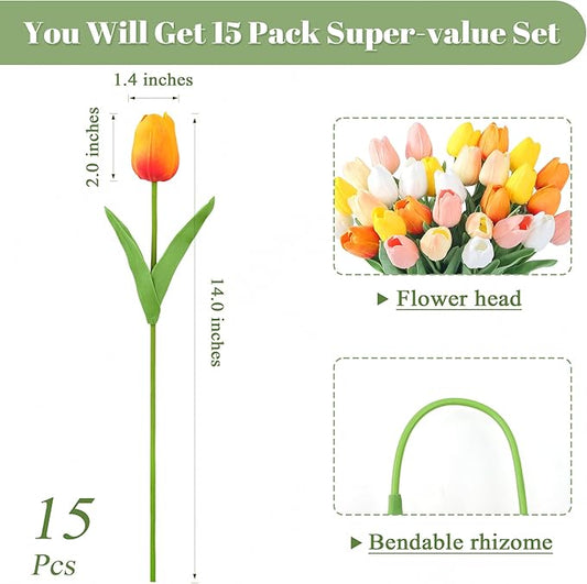 SITUMEIZI Fake Flowers Tulips Artificial Silk Flower 15pcs Real Touch 14" for Spring Easter Home Kitchen Wedding Bouquet Bulk Mother's Gift Day Decorations(Multicolor,5-2)
