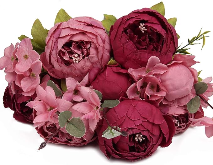 Flojery Silk Peony Bouquet Vintage Artificial Peonies Flower for Home Wedding Party Decor (1pcs, Burgundy)