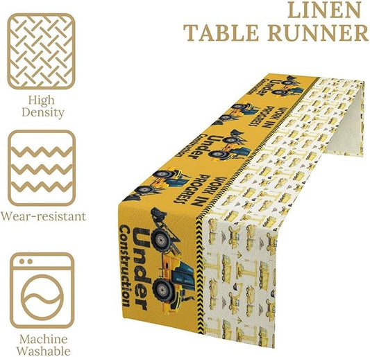 Cartoon Car Table Runner,Boys Kids Construction Vehicles Truck Yellow Print Tablecloth Burlap for Hotel Indoors Outdoor Dining Room Kitchen Home Decor,W13X L90 in
