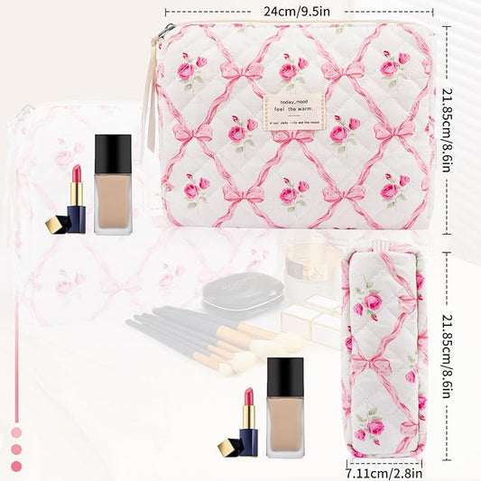 Floral Makeup Bag, Small Cosmetic Bag for Women Girls, Cute Cotton Makeup Bag, Quilted Makeup Bags, Flower Travel Toiletry Organizer Bag(Pink bow ties)