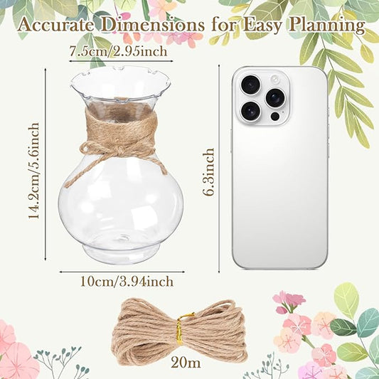 12 Pack Plastic Vases for Flowers with Jute Twine, Flower vasevases for centerpieces, Lightweight Plastic Vases for Centerpieces for Home Party Wedding Deco