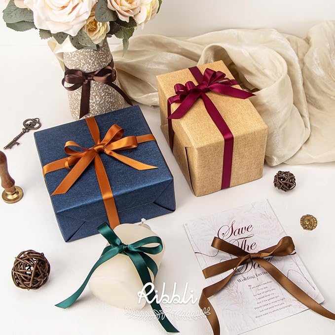 Ribbli Coffee Brown Satin Ribbon Double Faced Satin 1/2 inch x Continuous 50 Yards-Brown Ribbon for Gift Wrapping Crafts Wedding Decoration Bows Bouquet Floral Arrangement