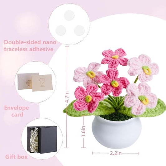 Crochet Flowers Pink Handmade Knitted Potted Flower Plants, Christmas Birthday Gifts for Coworkers Women Teacher Anniversary Thanksgiving, Cute Desk Home Office Accessories Decor