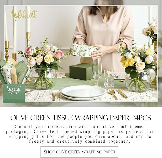 Aobkiat Christmas Green Tissue Paper for Bags,20 x 15 Inch Olive Leaf Wrapping Paper for Friends Family Present Packaging Gift Wrap,Wedding,Birthday,Xmas,New Year,DIY Craft,24 Sheets